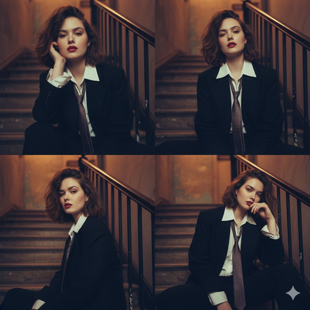 Moody 2x2 editorial collage of an androgynous woman