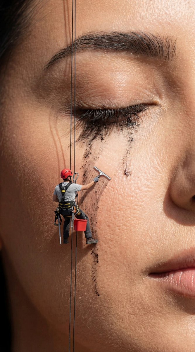 Surreal Macro Mascara Ad with Miniature Climber