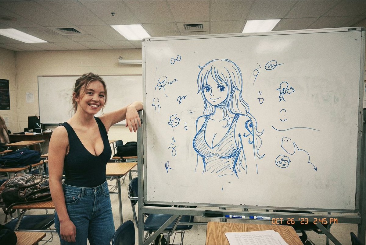 Candid Smartphone Photo: Celebrity with Whiteboard Sketch