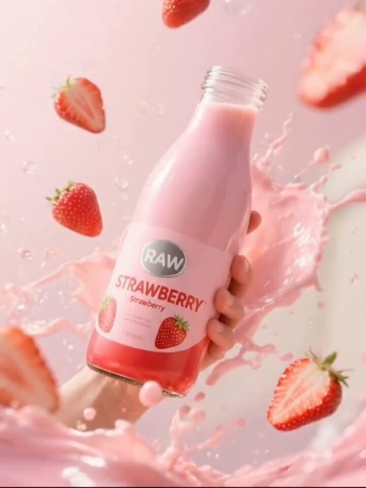 Hyper-Realistic Strawberry Milk Beverage Ad