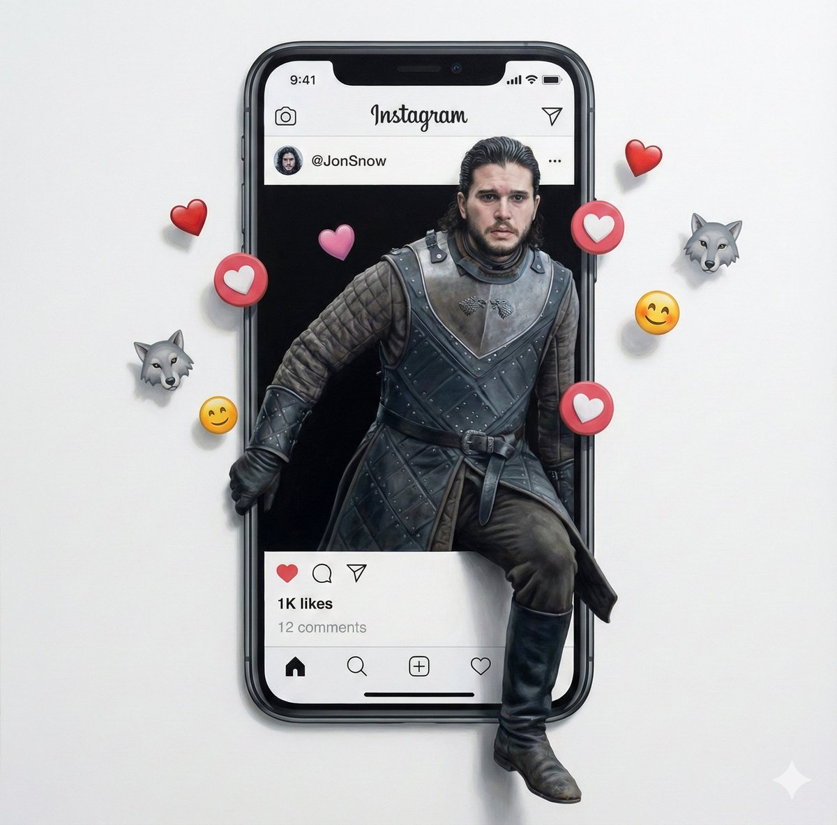 Trompe l'oeil subject stepping out of social media screen