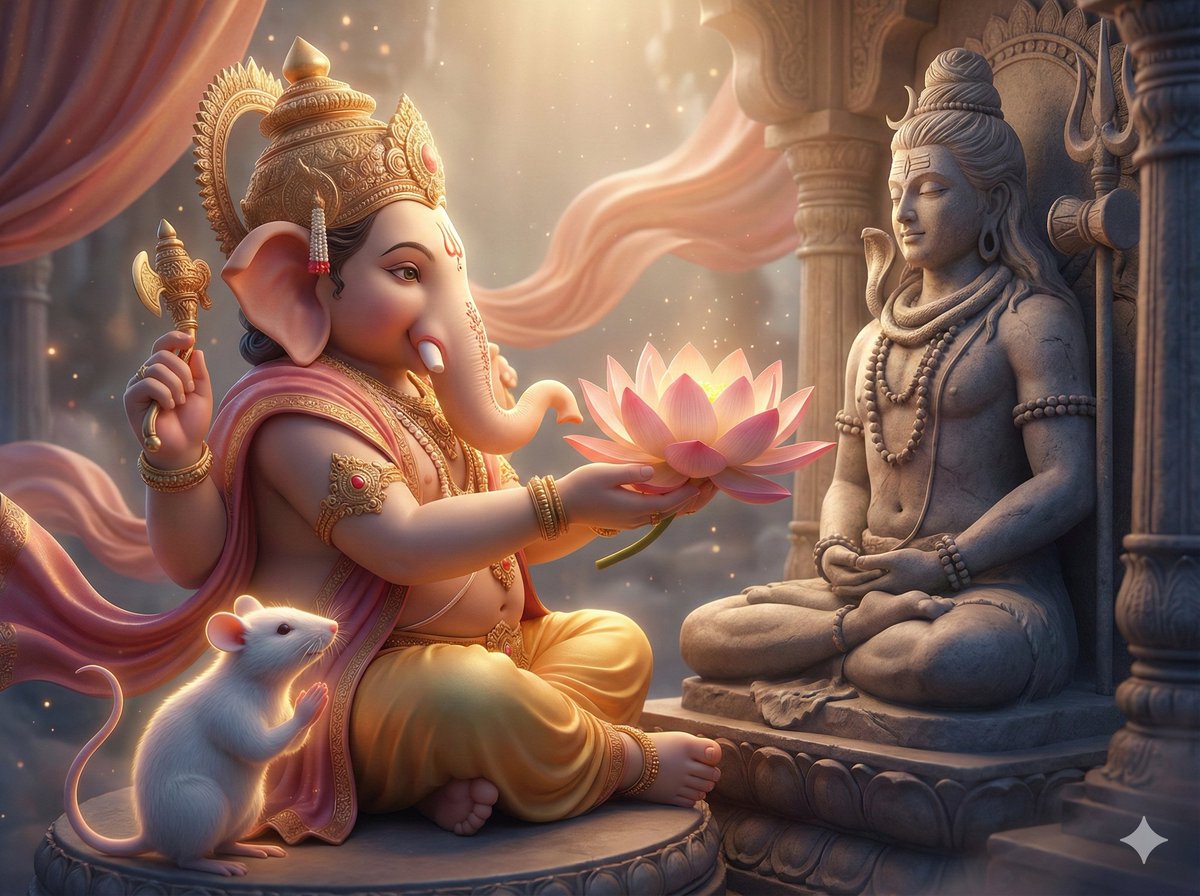 3D image generation prompt for God Ganesh worshipping God Mahadev
