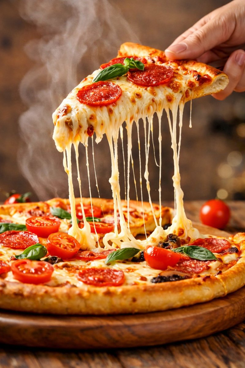 Hyper-realistic cinematic close-up of a pepperoni pizza slice with dramatic cheese pull