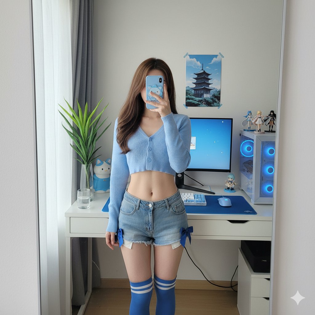 Detailed mirror-selfie otaku room scene