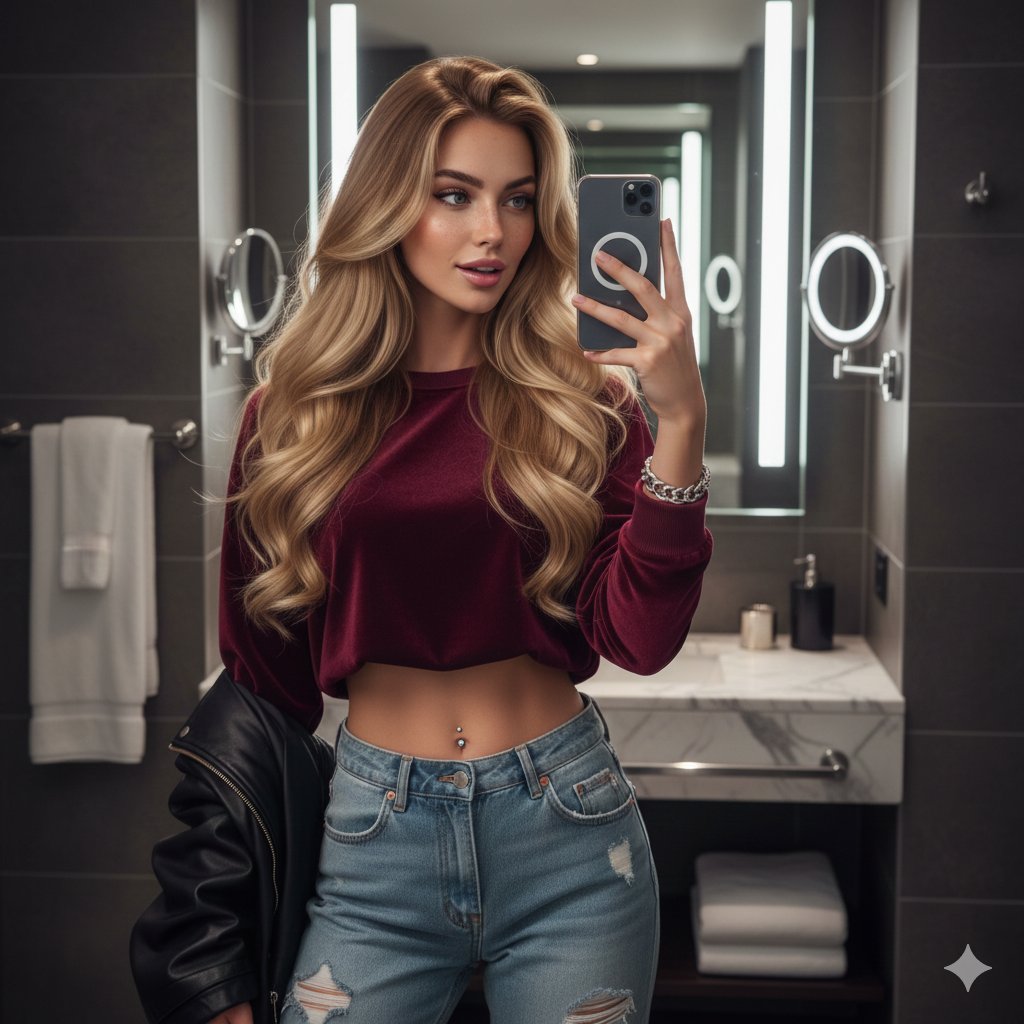 Hyper-detailed mirror selfie of a young woman in luxury bathroom