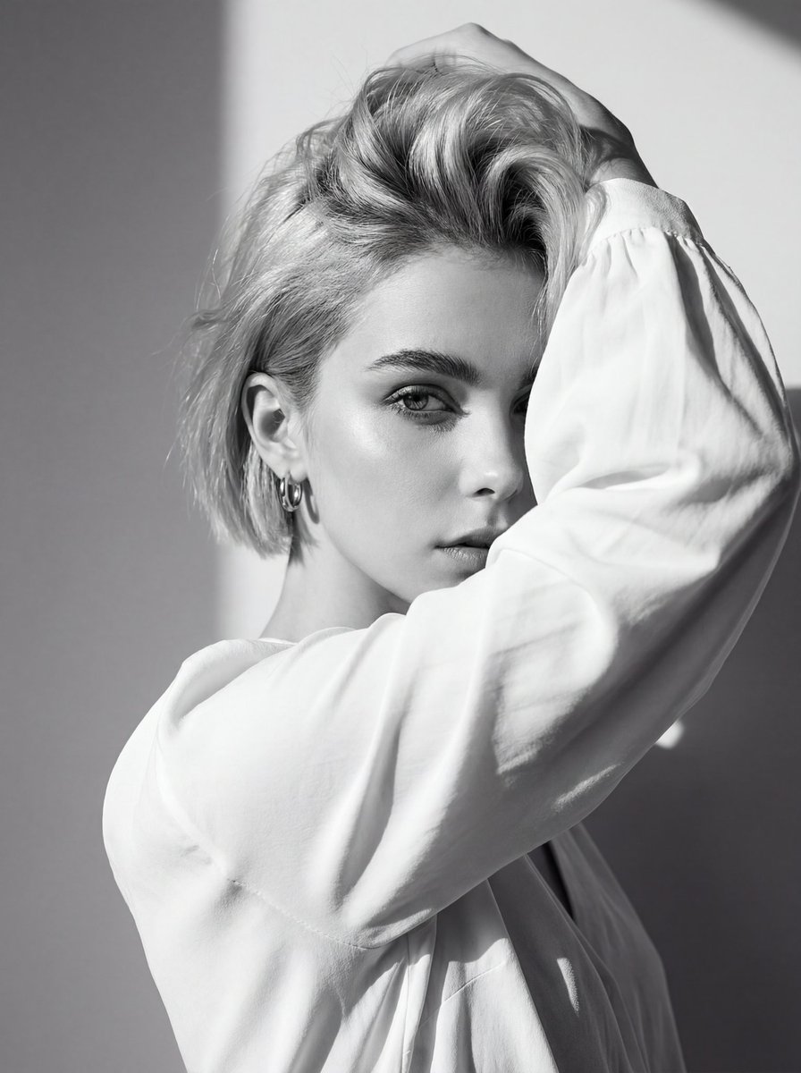 High-Contrast Black and White Editorial Portrait with Face Reference