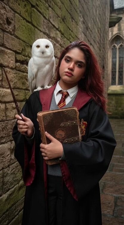 Hogwarts-Style Photoshoot Portrait with Magic Wand and Owl