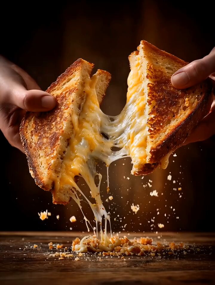 Cinematic Food Action Shot of Grilled Cheese Stretch