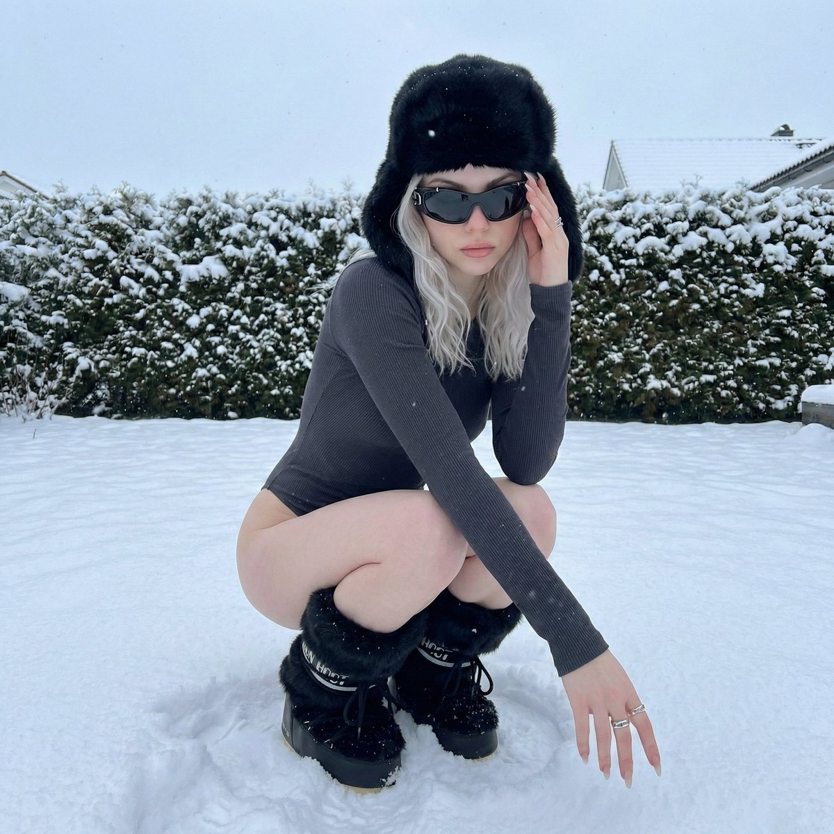 Winter Editorial Low-Angle Squat Pose Prompt (iPhone Style)