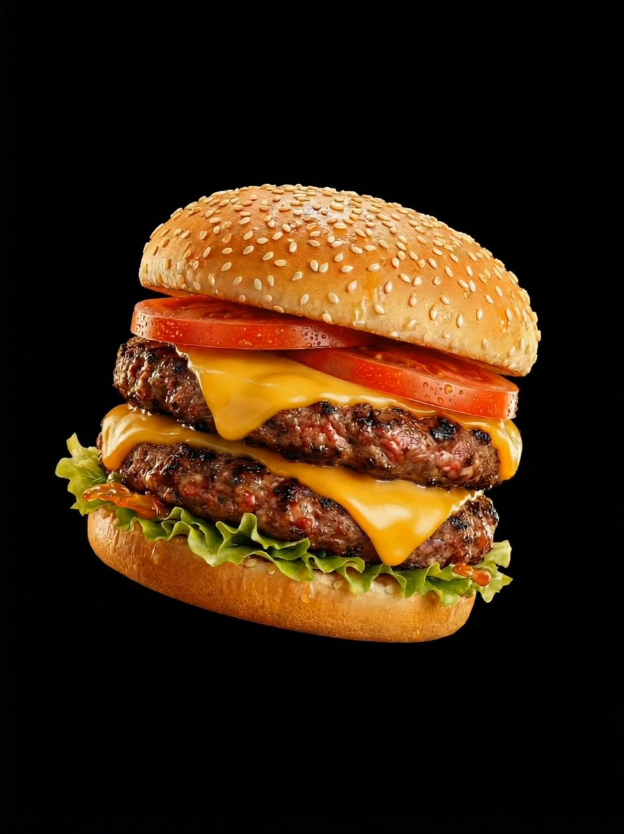 Cinematic Floating Double Beef Cheeseburger Ad