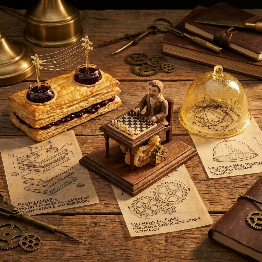 Steampunk Diorama of Obsolete Inventions as Edible Pastries
