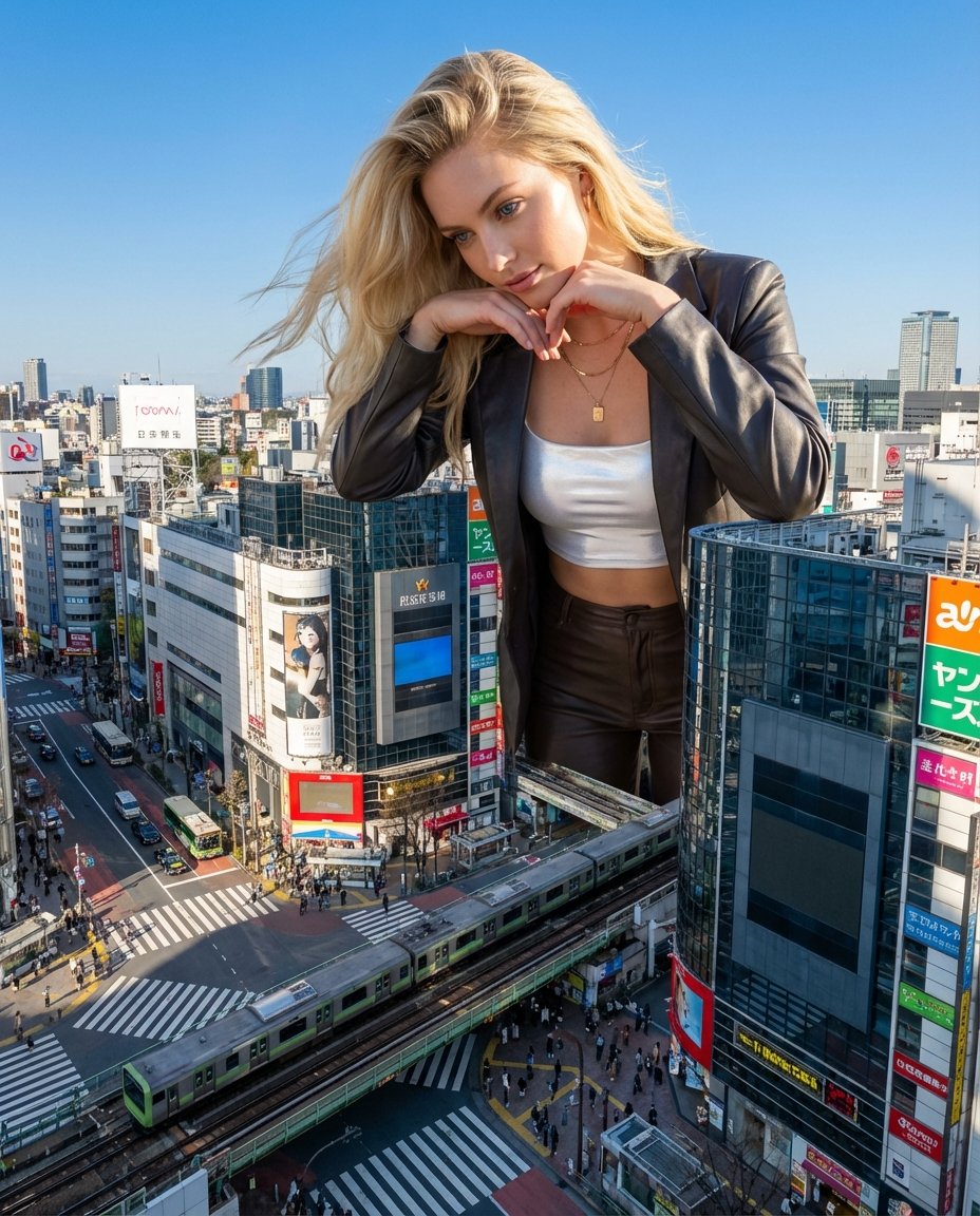 Surreal Giant Woman at Shibuya Crossing Prompt