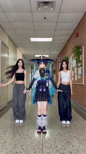 Genshin Impact Characters Dancing in School Corridor