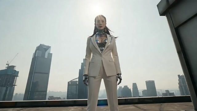 Cyberpunk Action Sequence: Elegant Female Agent Jumps from Skyscraper to Moving Car