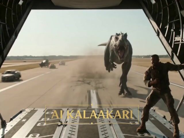 T-Rex vs Military Cargo Plane Action Scene
